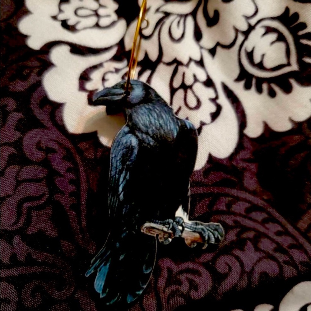 “Raven on a Branch” Nevermore Edgar Allan Poe Perched Crow Blackbird Goth Dangle - Picture 7 of 8